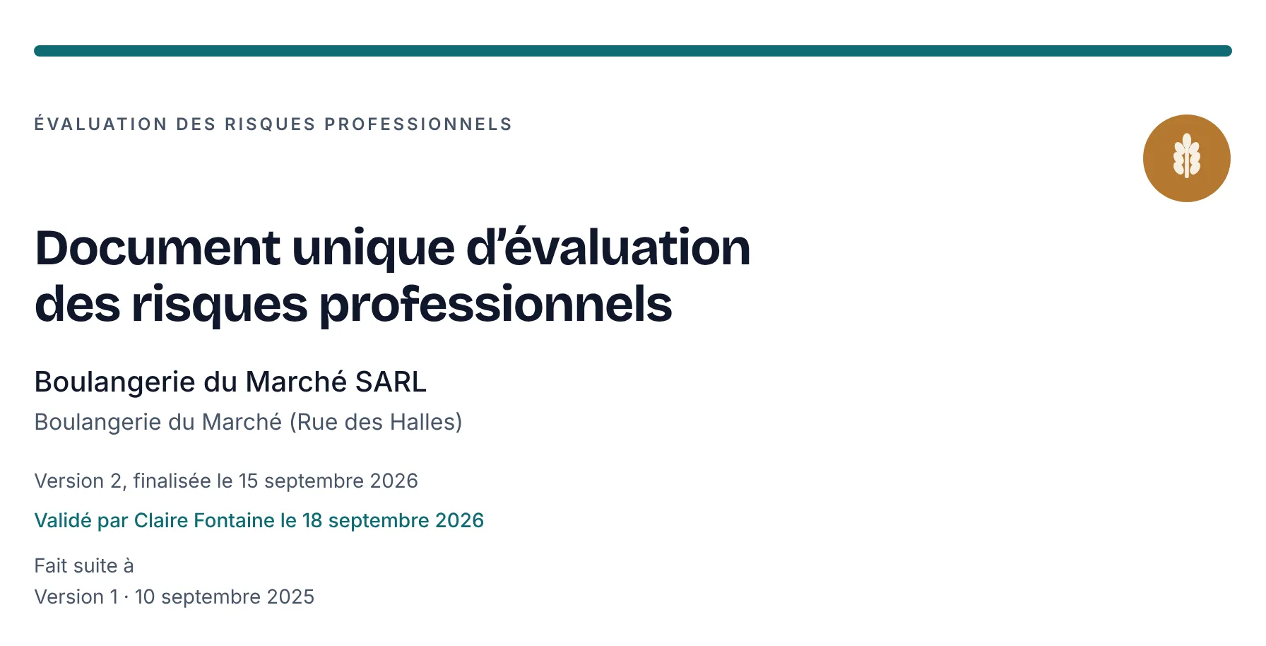 Un DUERP livré : la page de garde avec l’entreprise, son établissement et la version validée, datée.
